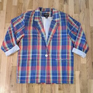 Adolfo Blazer Womens Large Plaid Preppy Oversized Blue Yellow Work Office